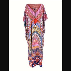 Colorful swimsuit cover-up kaftan v-neck tie front closure one size NEW